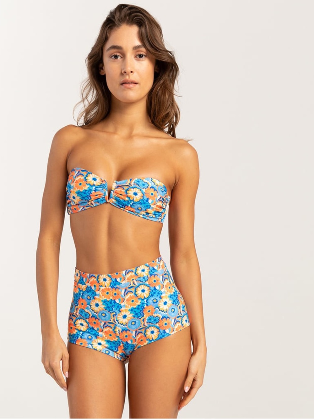 Kulani Kinis Blue & Orange Floral Bandeau High-Rise Bikini Set